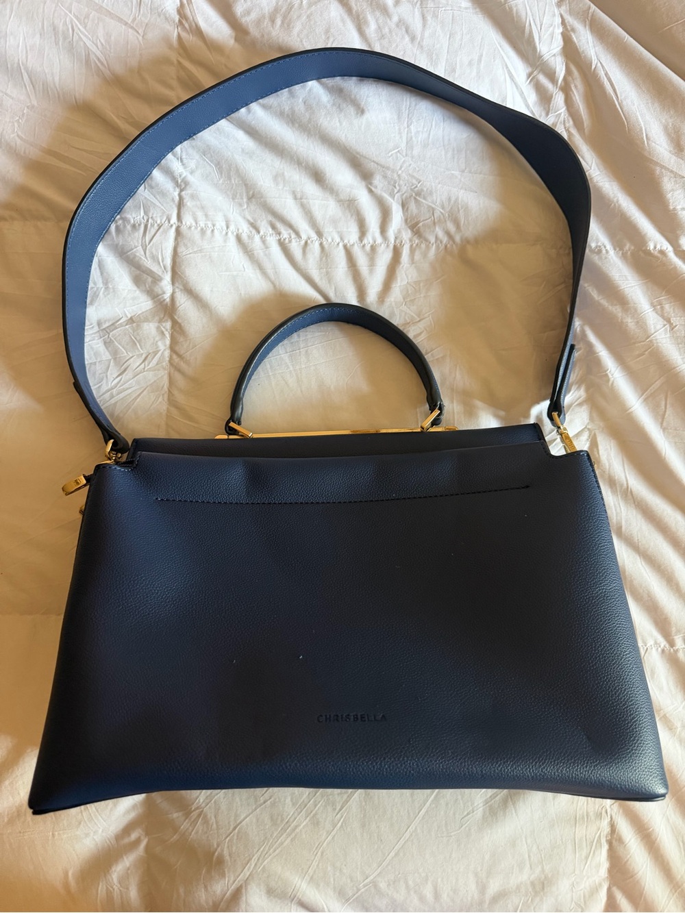 Chrisbella Navy and Gold Leather Top-Handle Shoulder Bag